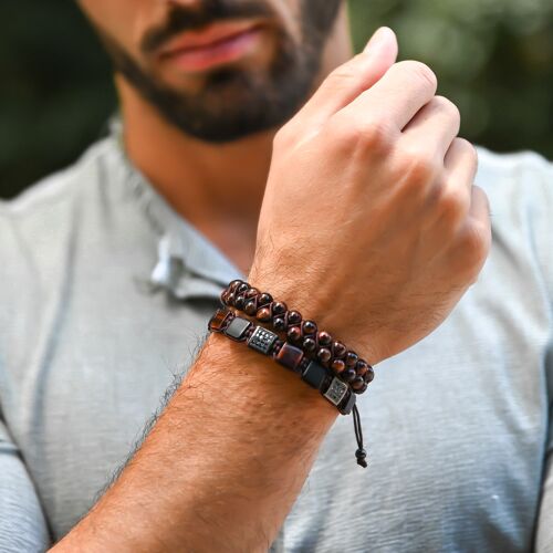 Men's RED TIGER EYE Double Bead Bracelet - Red Gemstones