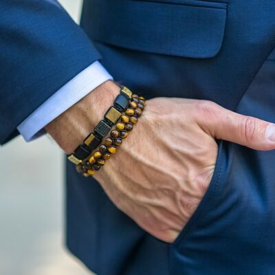 Men's TIGER EYE Double Bead Bracelet - Brown Gemstones