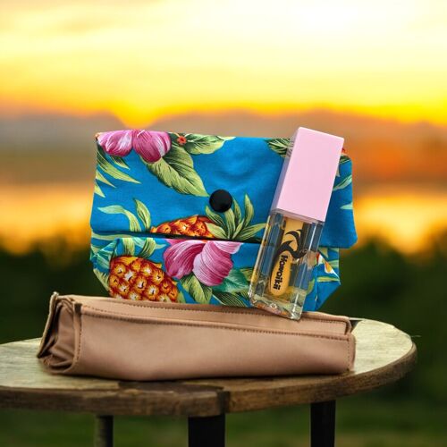 Duo Évasion Polynésienne – Trousse en Tissu Tahitien & Gloss Éclatant