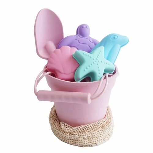Juguetes de silicona para arena y playa (1 balde, 1 pala y 4 accesorios de playa + bolsa de transporte) - Rosa