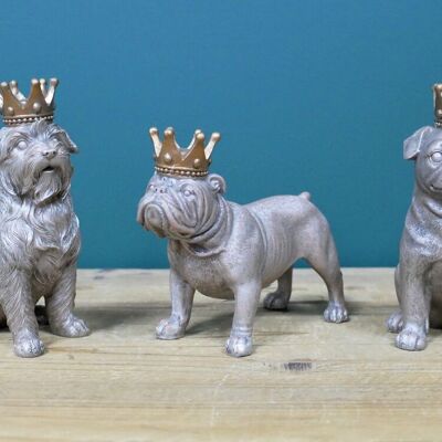 LOT DE 3 ornements de chien avec couronne en or, décoration d'intérieur, bouledogue, carlin, terrier, cadeau pour amoureux