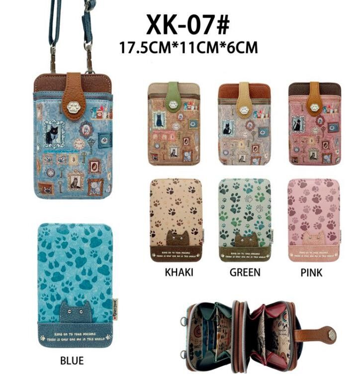 Bolsito Portamovil Sintético con Diseño Gato Sweet Candy, Solapa y Cremallera para Mujer