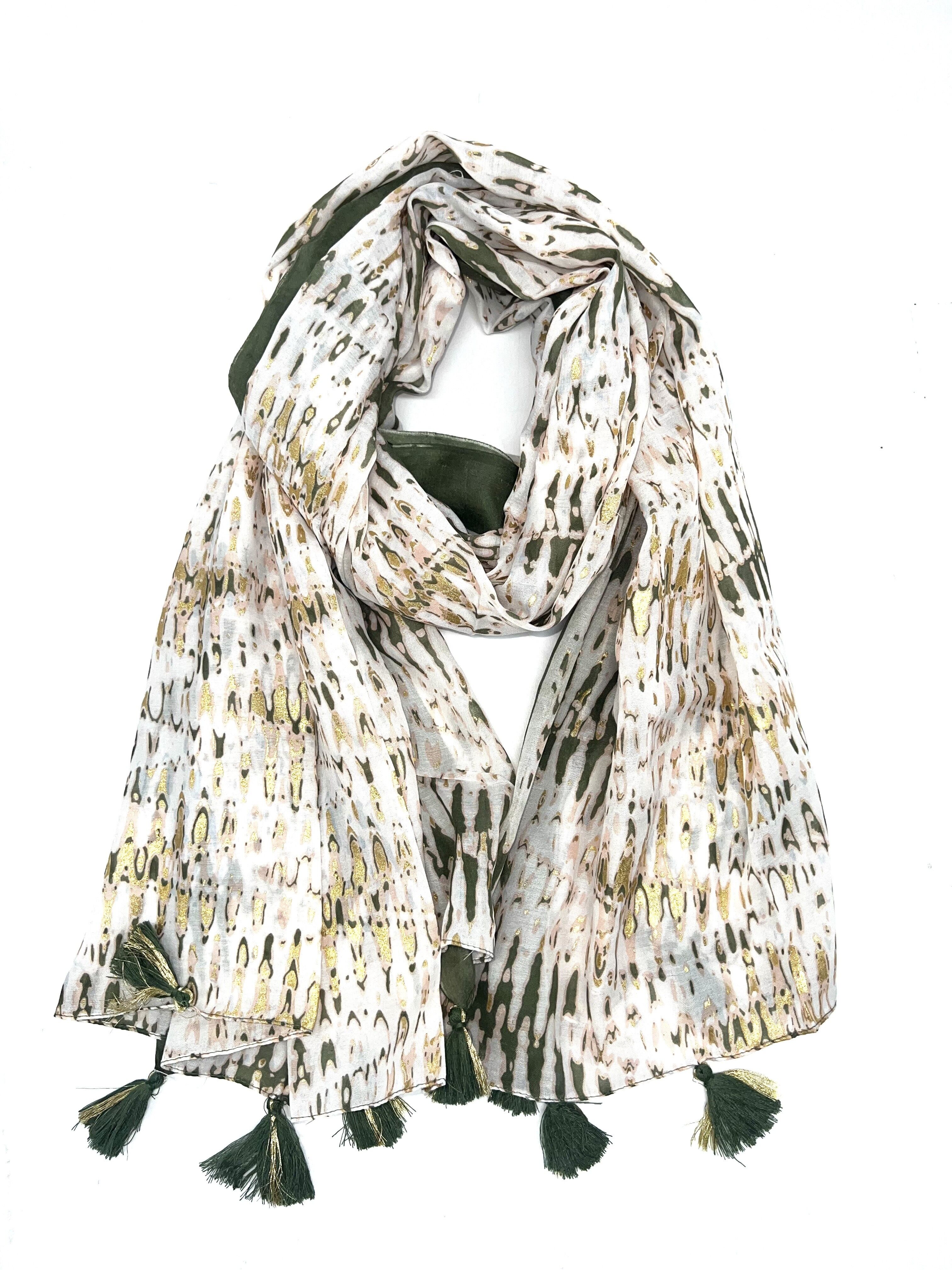 IN-13 Sciarpa lunga con pompon e dorature