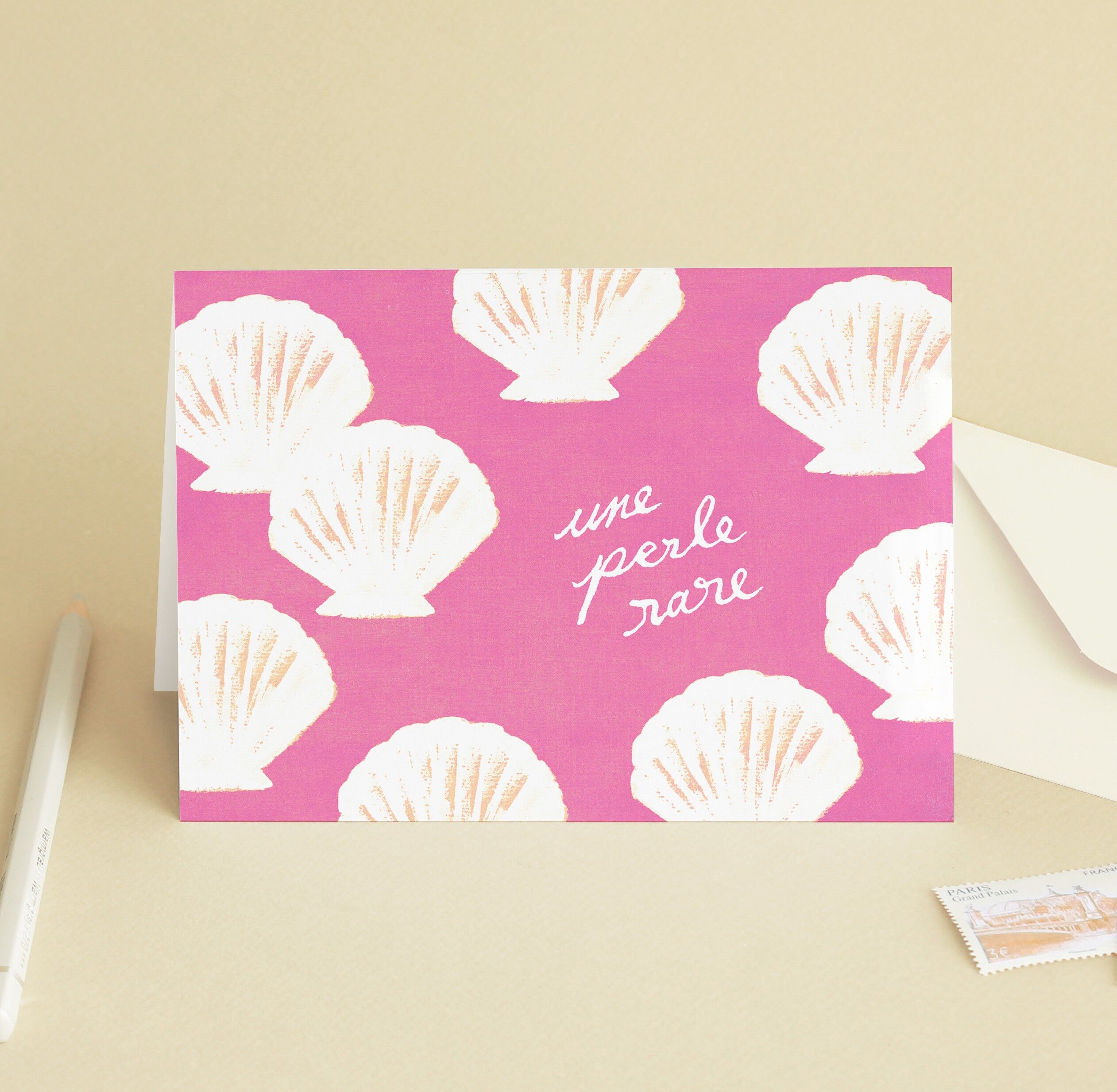 "Rare Pearl" Biglietto d'auguri in conchiglia rosa - Amore, compleanno, ti amo - Messaggio in francese