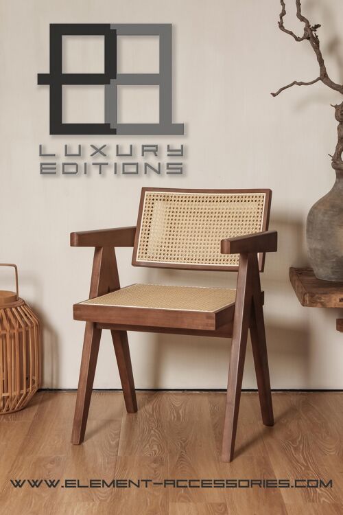 Luxury Chandigarg chair - heavy wood - bended back rest and edges - rattan - Pierre Jeanneret