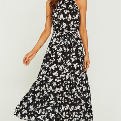 Abito a strati midi con scollo all'americana con stampa floreale bianca di colore nero