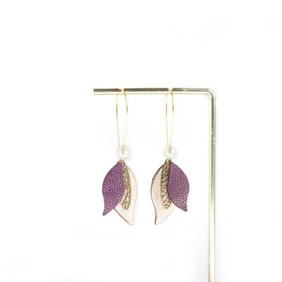 Boucles d'oreilles petites fleurs en cuir violine métallisé et or rose