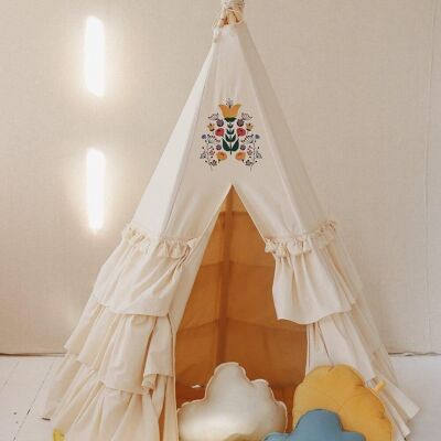 Set Teepee with Frills “Folk” with Shell or Leaf Mat "Honey"