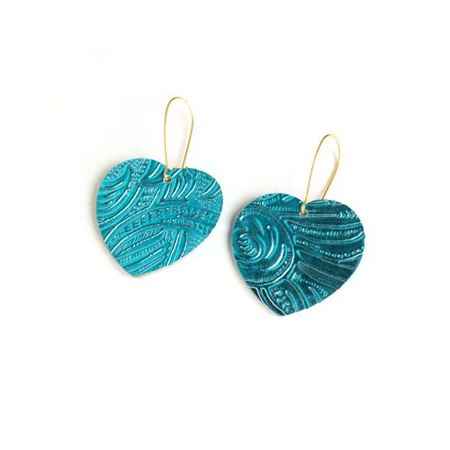 Boucles d'oreilles Coeur en cuir bleu canard gaufré