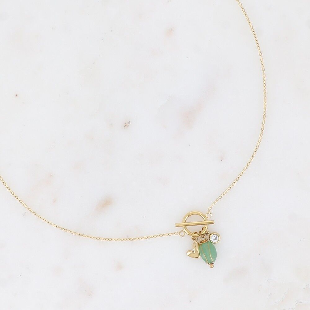 Collana - anello e barretta, 3 ciondoli, cuore, cristallo molato e pietra naturale ovale