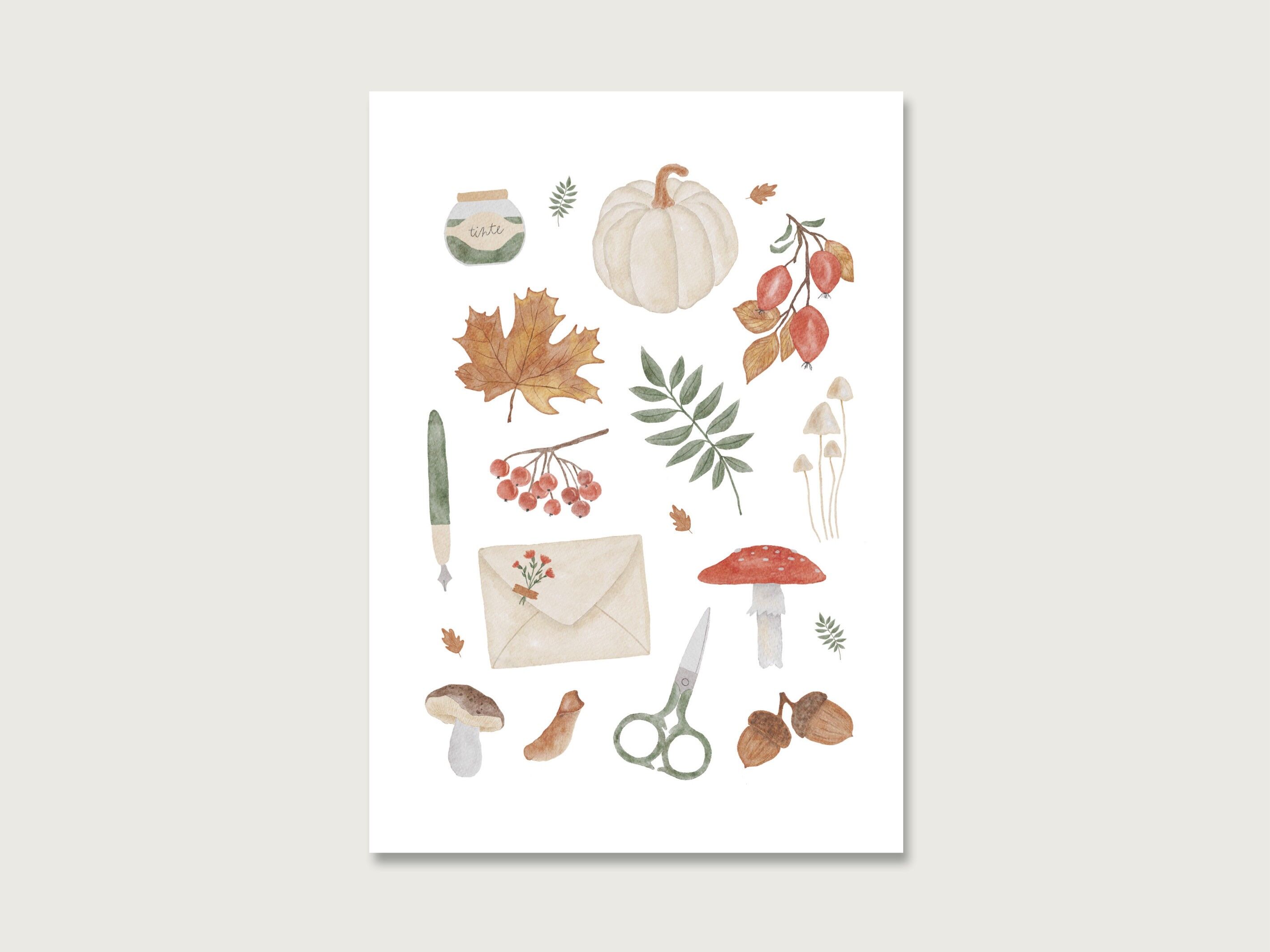 Postcard | "Autumn Whispers Collage" P_62 | Watercolor | Water color | Illustration | Nature | Pumpkin | Leaves | cozy || HERZ & PAPIER