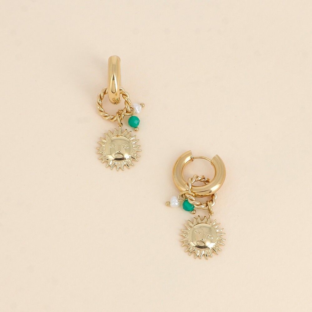 Creoli: sole sorridente, pasta di vetro e perla d'acqua dolce