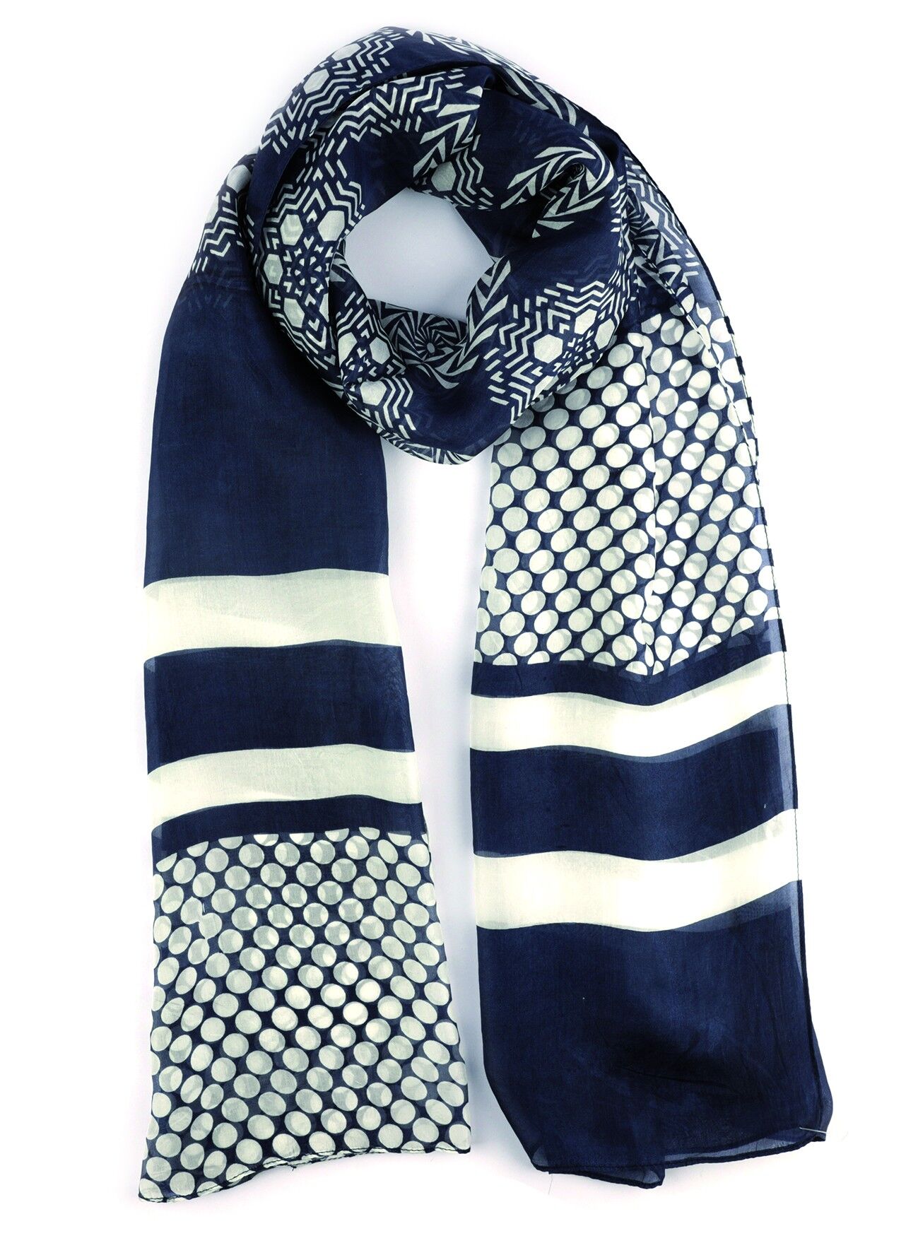 Sciarpa di seta unica in blu e bianco con motivo geometrico