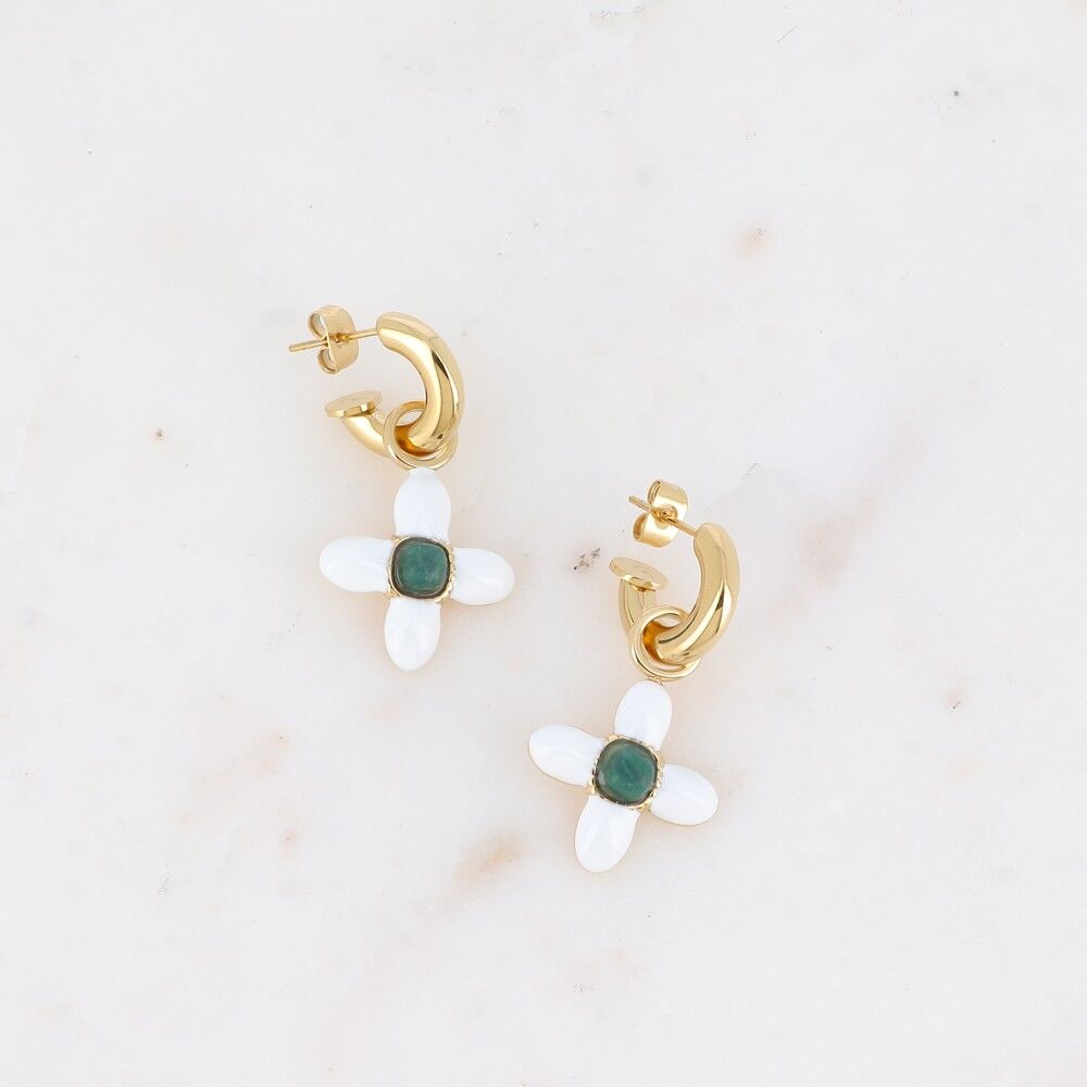 Creolen – dicker Ring, Emailleklee und quadratischer Naturstein