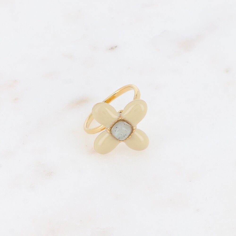 Anello sottile - trifoglio smaltato e pietra naturale quadrata