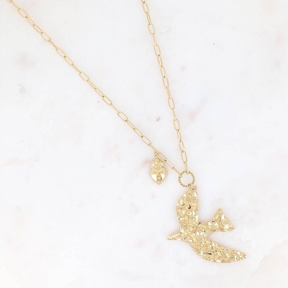 Necklace - large textured bird and small heart