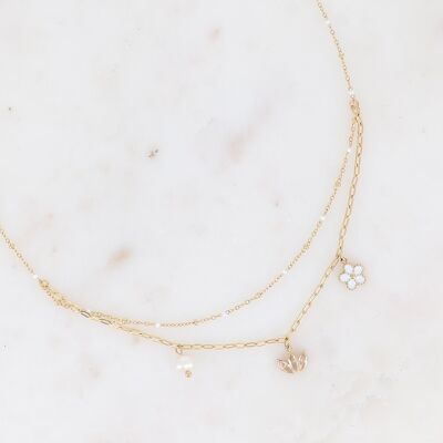 2-row necklace - mesh with enamel, oval rings and 3 pendants (flower, crystal tiara, freshwater pearl)