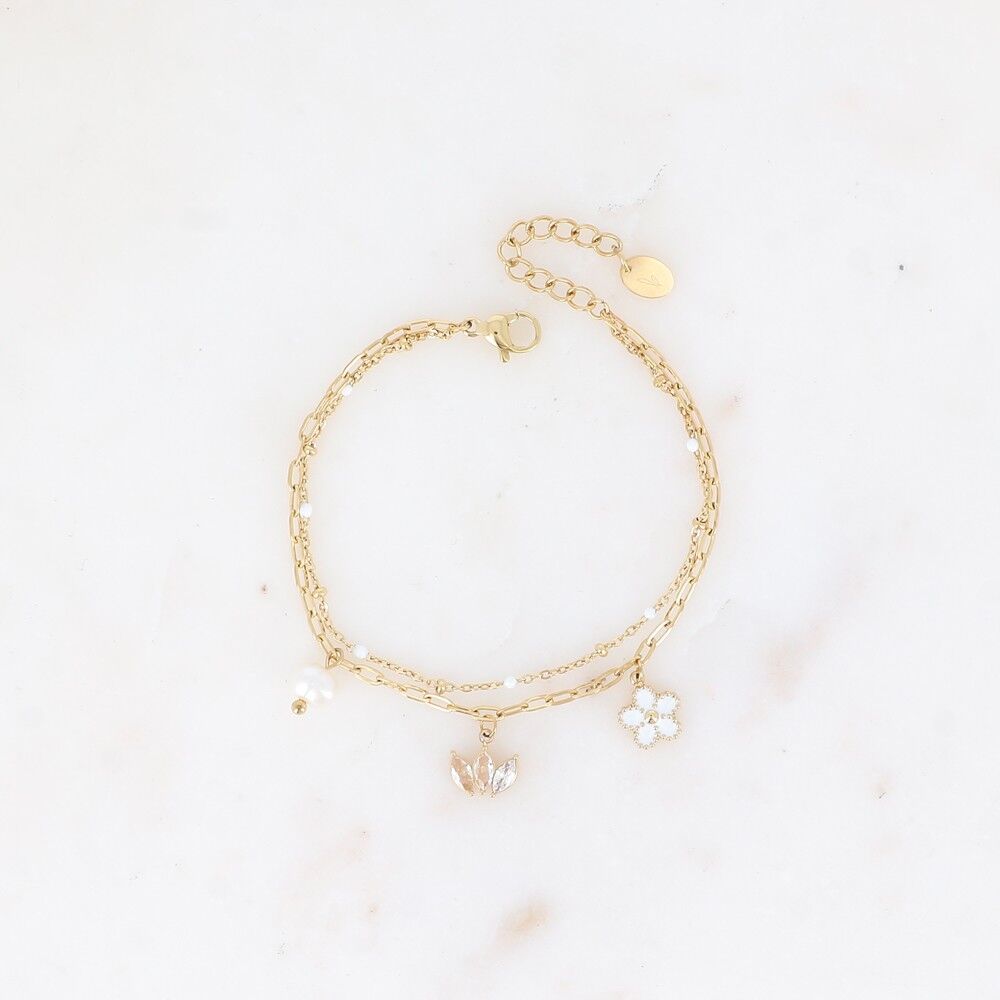 Bracciale a 2 fili - maglia con smalto, anelli ovali e 3 pendenti (fiore, diadema di cristallo, perla d'acqua dolce)