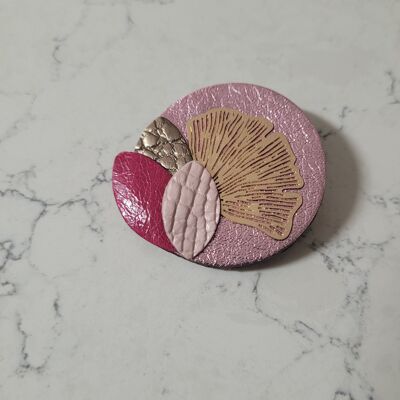 Round ginko brooch in recycled leather in shades of pink, women's accessory, jewelry