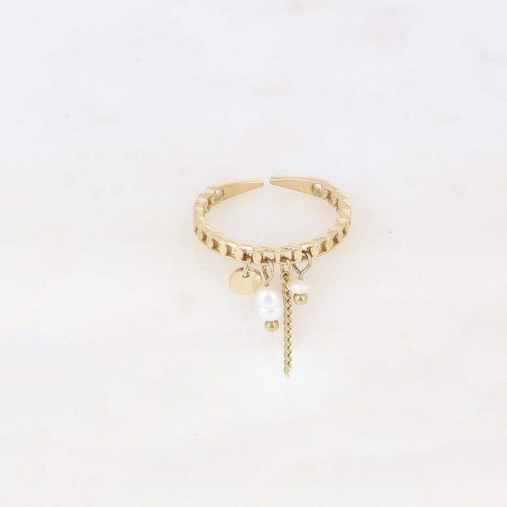 Anello con nappa - anello effetto rete traforata con pietre naturali, toppa rotonda e catena sospesa