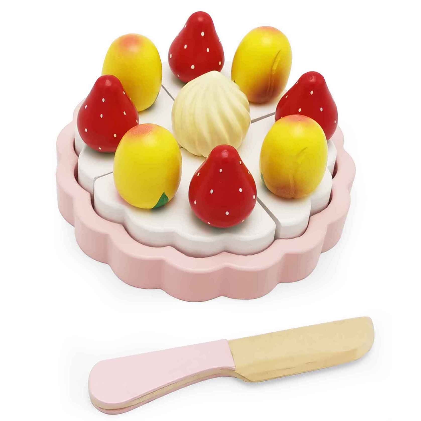 Torta alla frutta da tagliare nel legno con il coltello - pesca e fragola