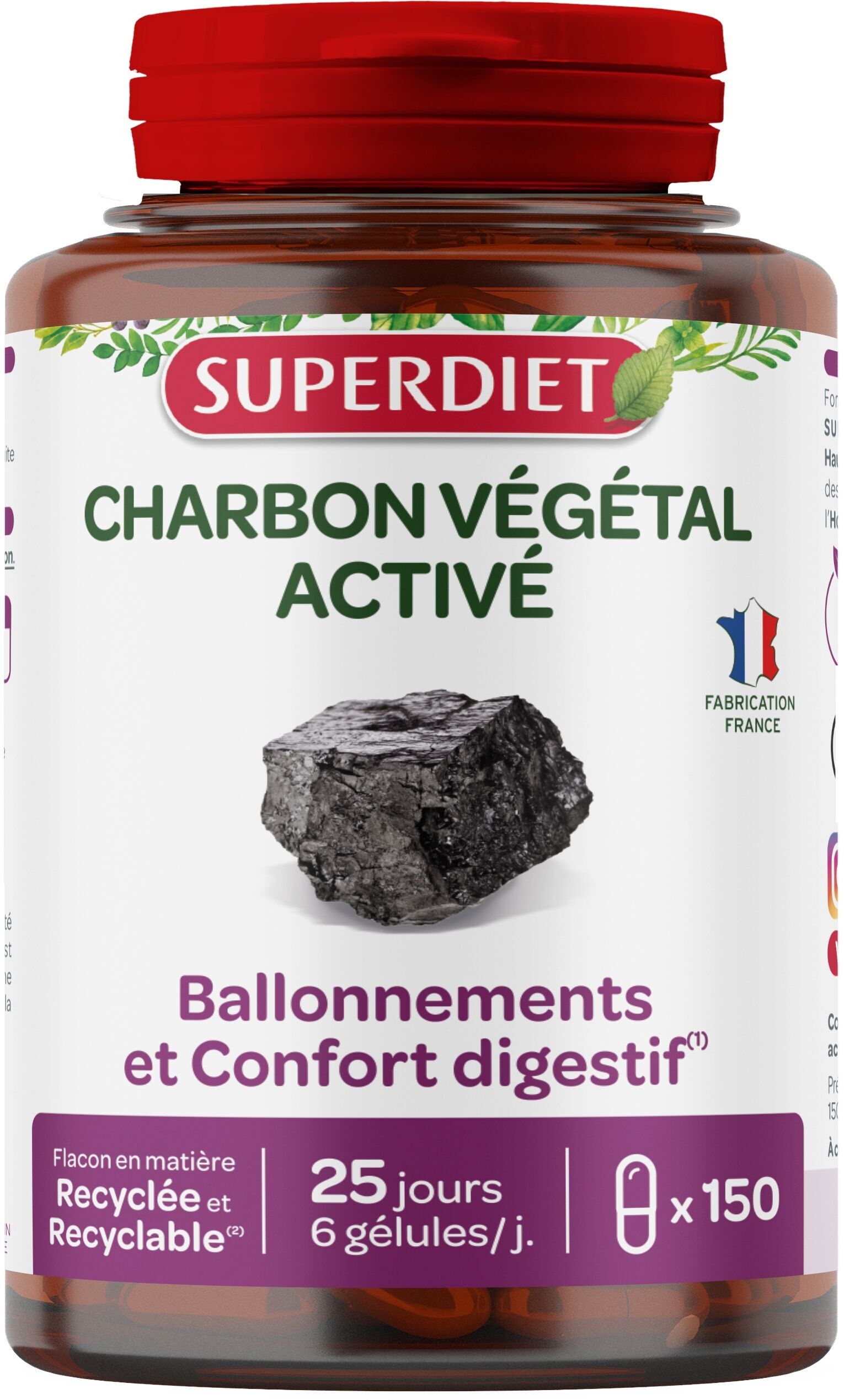 SUPERDIET - ACTIVATED VEGETABLE CHARCOAL - 150 CAPSULES