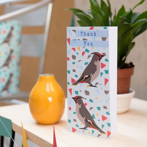 Waxwing 'Thank you' Greetings Card 11x22cm