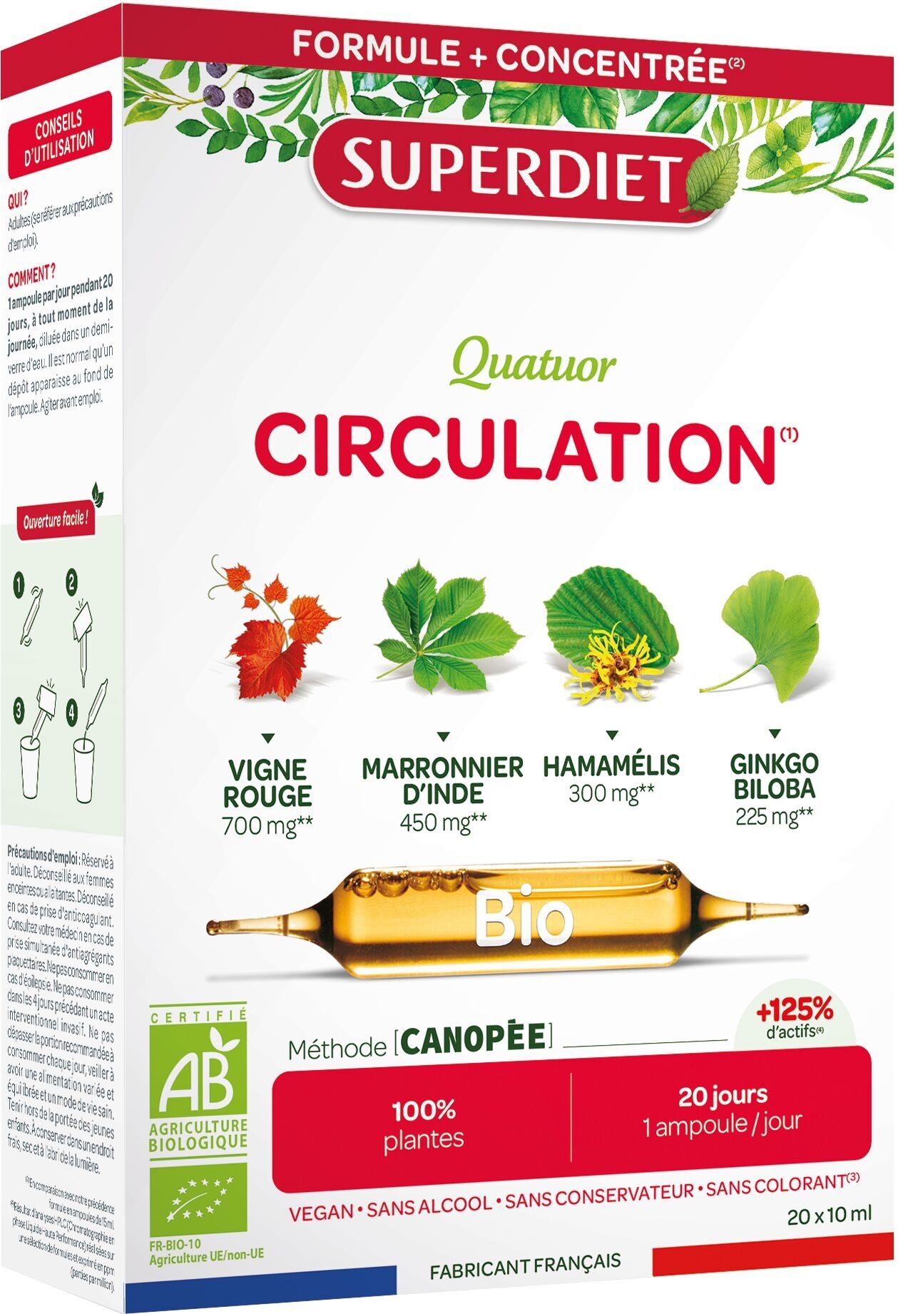 SUPERDIET – QUARTETTO PER LA CIRCOLAZIONE BIOLOGICA – Vite rossa, Ippocastano, Amamelide, Ginkgo Biloba – Prodotto in Francia – 20 fiale
