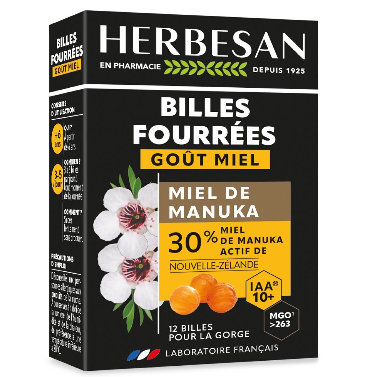 HERBESAN - SFERE RIPIENE AL MIELE DI MANUKA IAA10+ - 12 SFERE DA SUCCHIARE