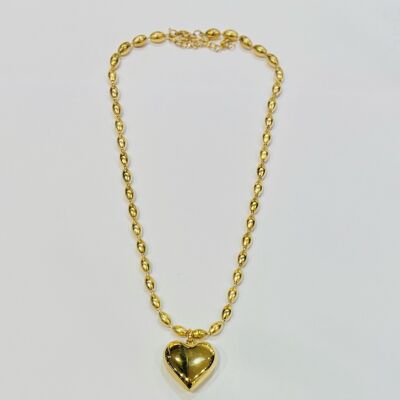 Collier acier chaine perle ovale pendentif coeur bombé doré