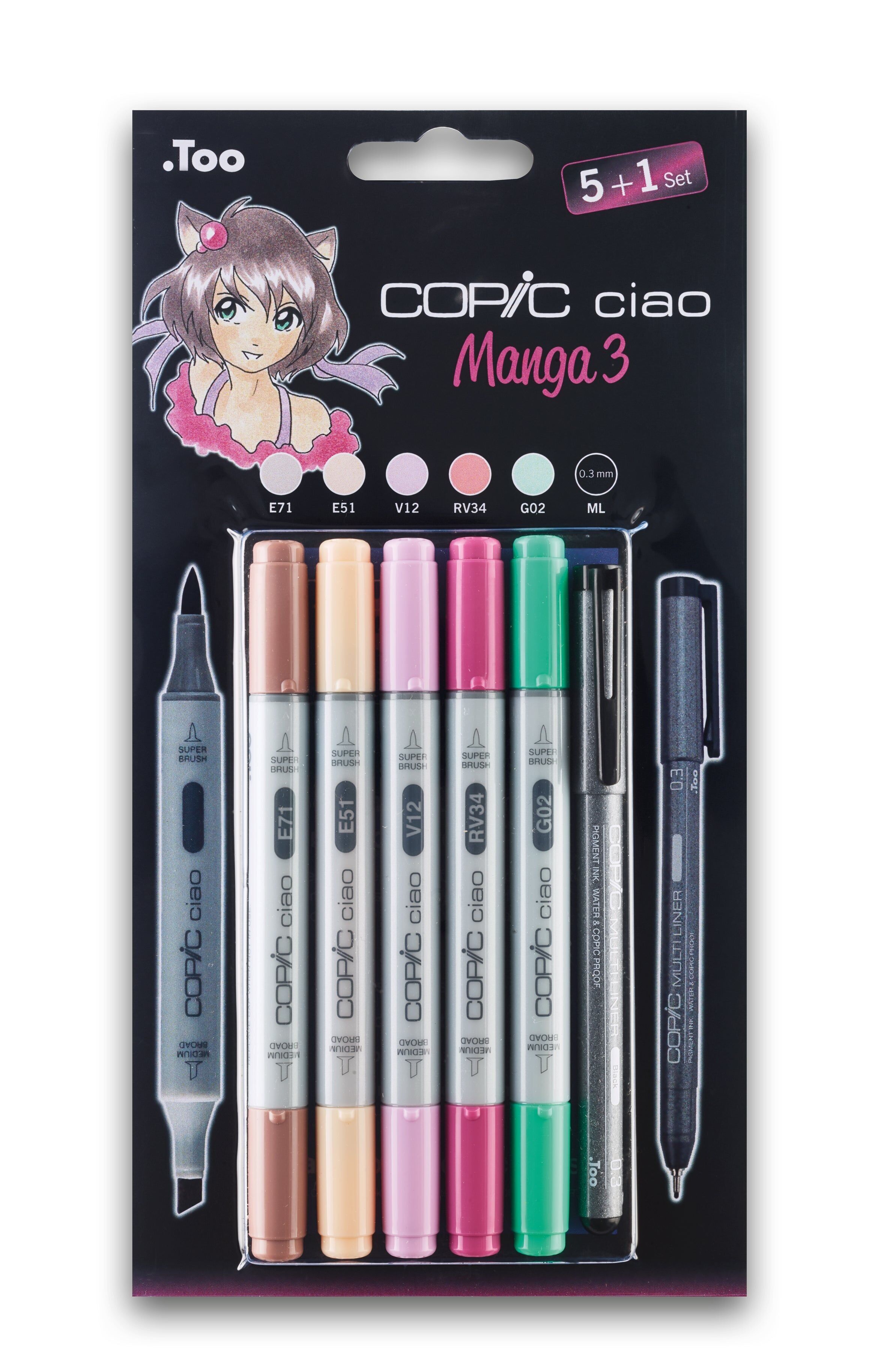 Marqueur de couleur COPIC Ciao - Lot de 5 + 1 Manga 3, pour l'art et l'artisanat, coloriage, graphisme, surligneur, design, anime, professionnel et débutant, fournitures d'art et livres de coloriage