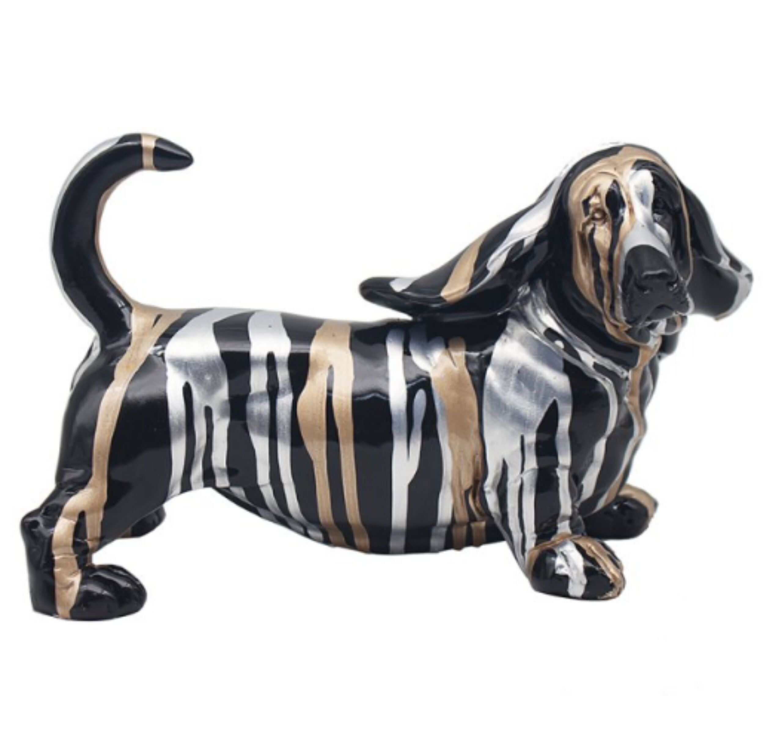 Drip Art Basset Hound-Stehfigur, schwarz mit Gold- und Silbermuster, 28 cm
