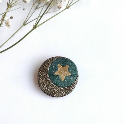 Broche de luna y estrella elaborado con cuero reciclado o reutilizado, accesorio de mujer, joyería