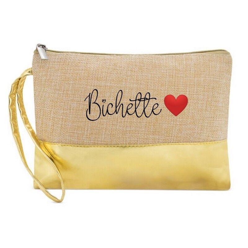 Goldfarbener Jute-Make-up-Beutel mit Reh und anpassbarem Herz