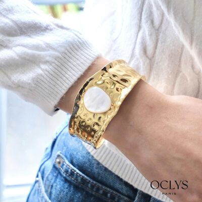 Bracelet jonc ouvert doré martelé pierre acier inoxydable Kiki