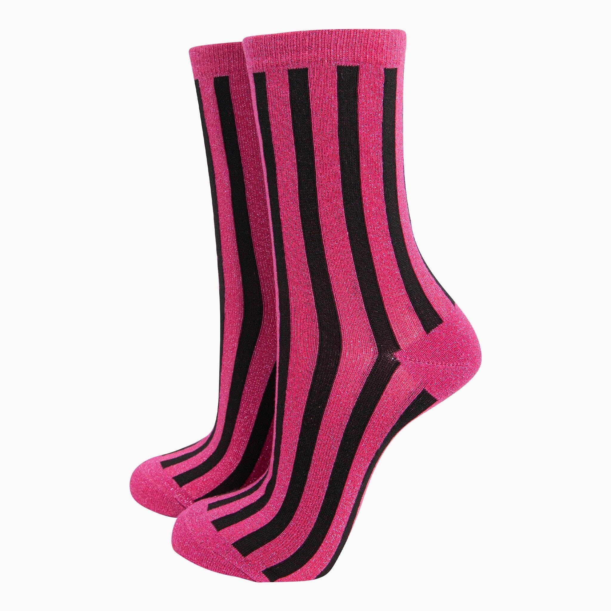 Women's Glitter Socks - Hot Pink/Black, Stripes