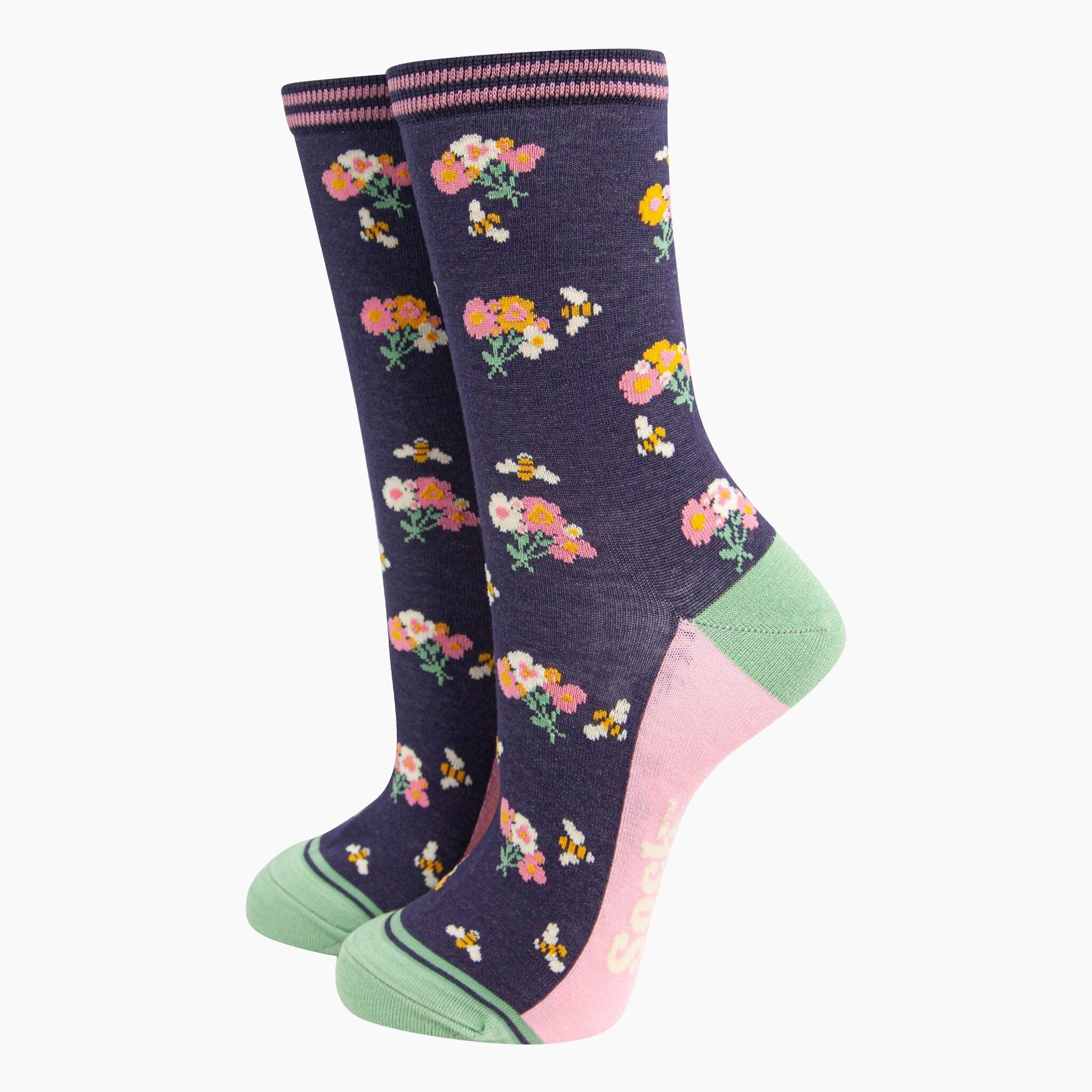 Women's Bamboo Socks - Navy, Bees Floral Posies