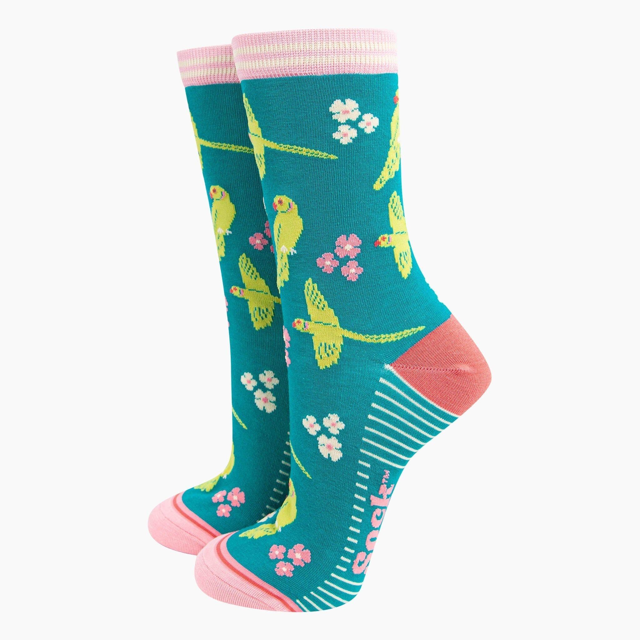 Women's Bamboo Socks - Teal, Ring Necked Parakeet
