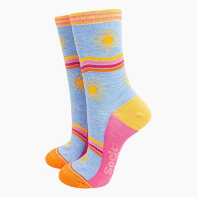 Chaussettes en bambou pour femmes - Rayures ondulées bleues et ensoleillées