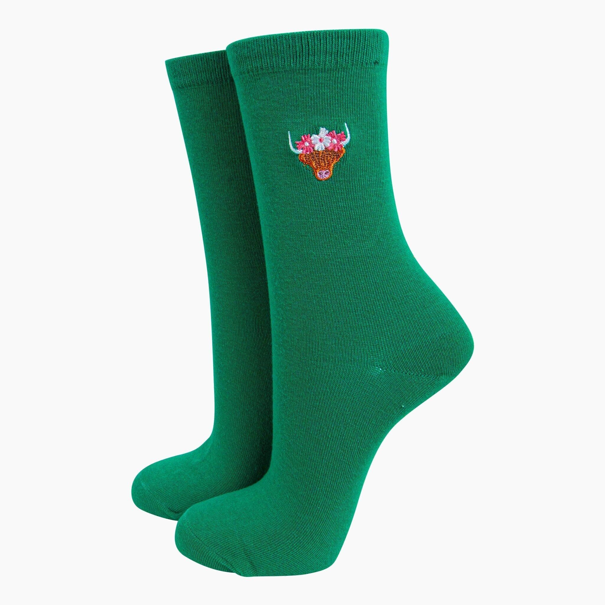 Calzini da donna in cotone ricamato - Verde, Highland Cow