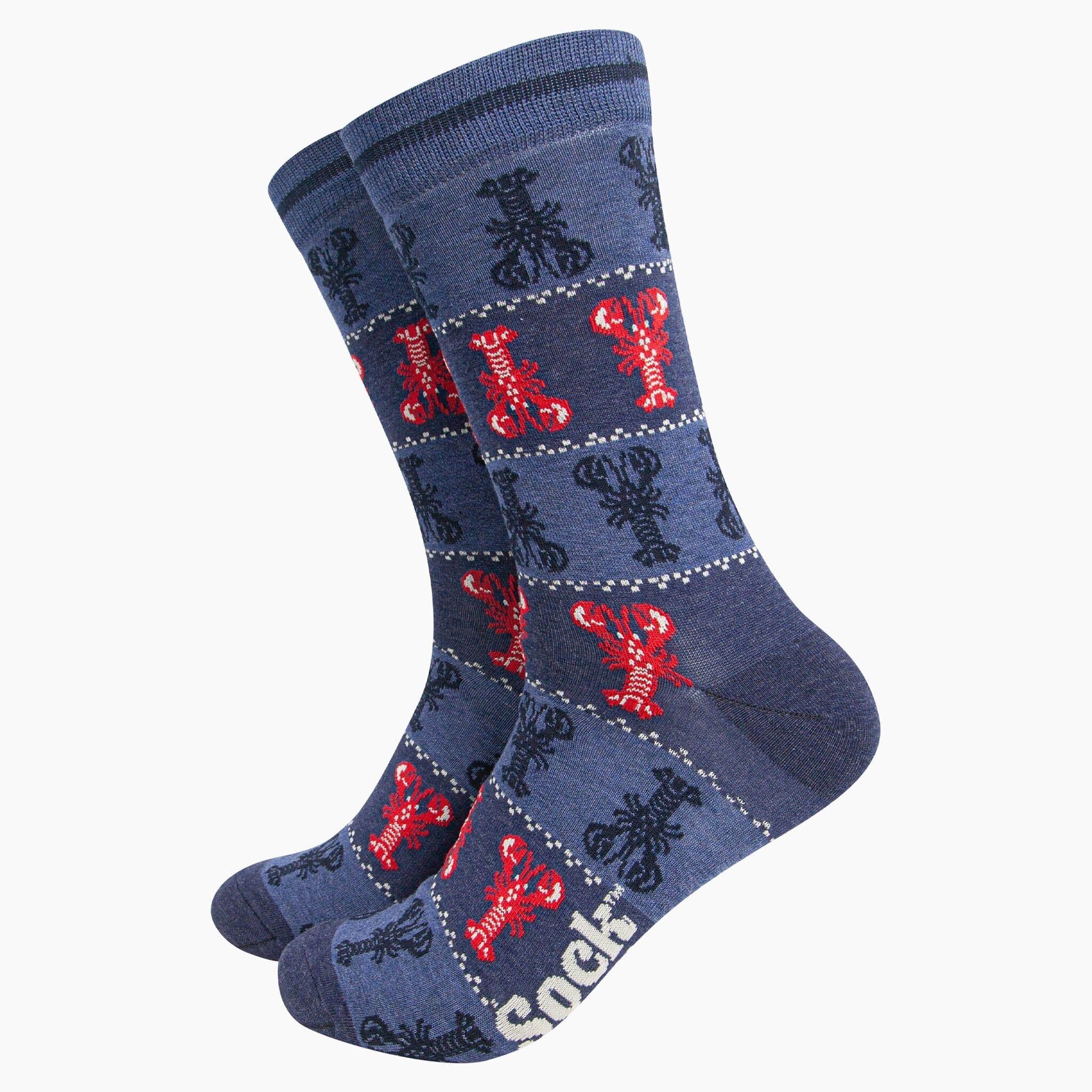 Men's Bamboo Socks - Denim Blue, Lobster Fair Isle