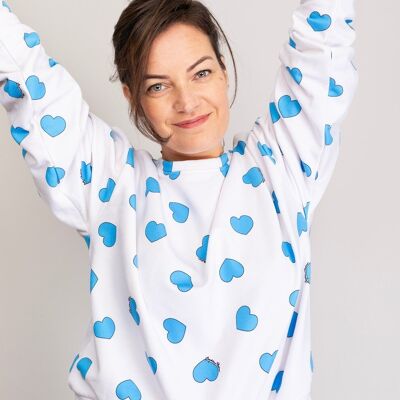 Sweat MALOTRU Blanc Coeurs Bleus Turquoises