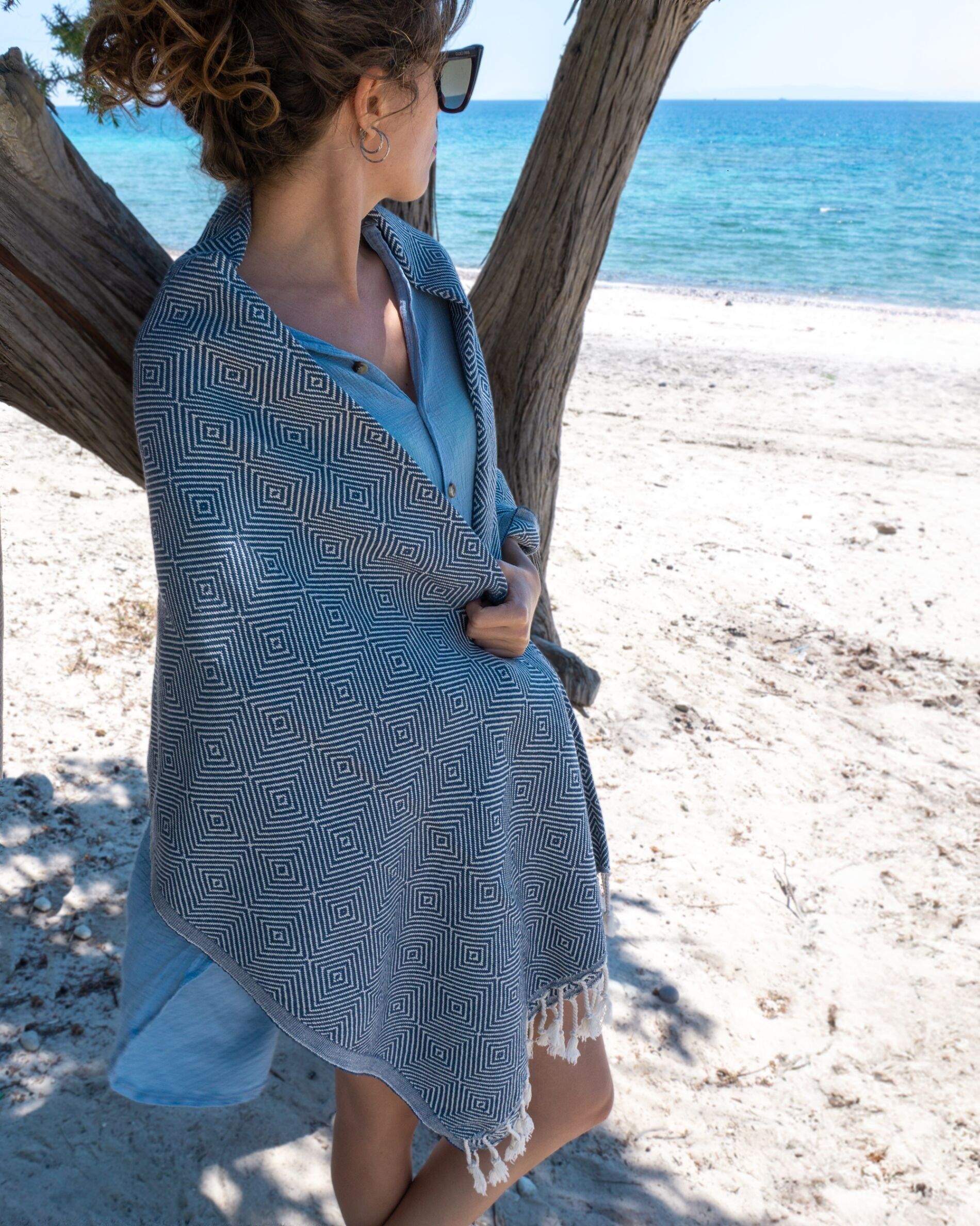 CRYSTAL Cotton Turkish Hammam Towel, Chic Shawl - Blue (180x100 cm)