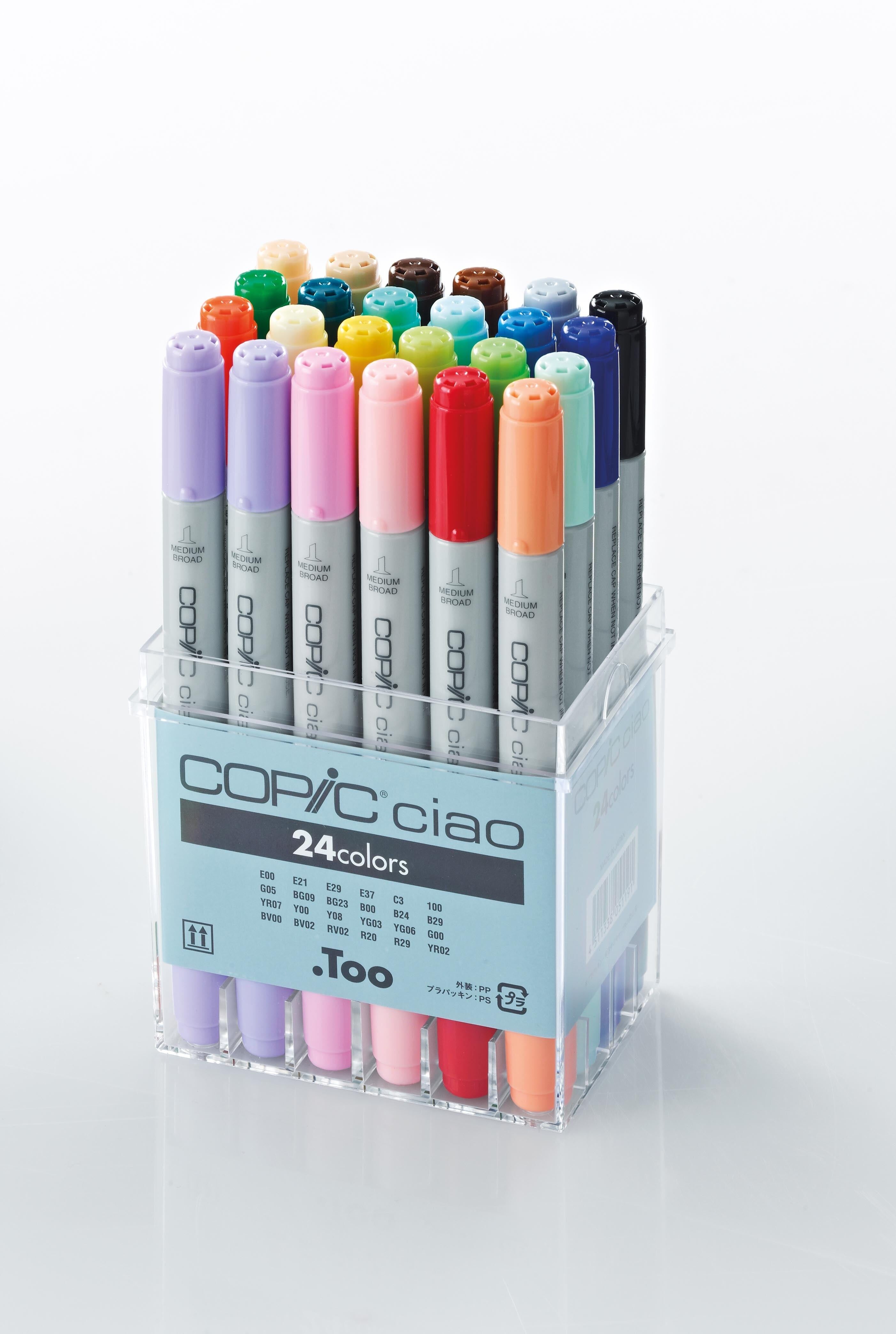 Marqueur de couleur COPIC Ciao - Lot de 24 marqueurs de base, pour l'art et l'artisanat, le coloriage, les graphiques, le surligneur, le design, l'anime, les professionnels et les débutants, les fournitures d'art et les livres de coloriage