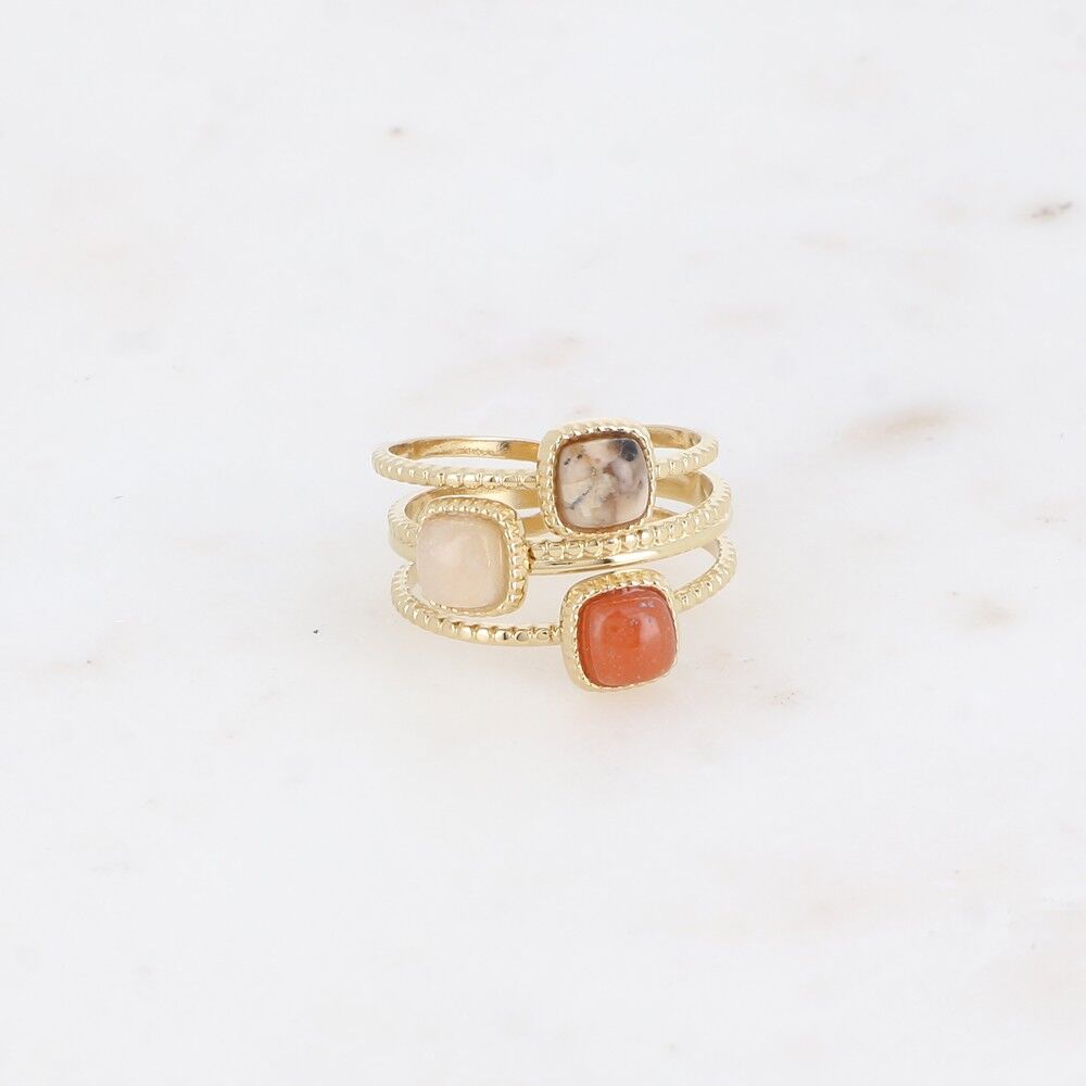 Anello - 3 anelli milgrain, 3 pietre naturali quadrate