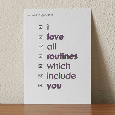 Neurodivergent love card / cartolina vuota / neurodiversità ADHD ADD AUDHD autismo autistico / amo le routine