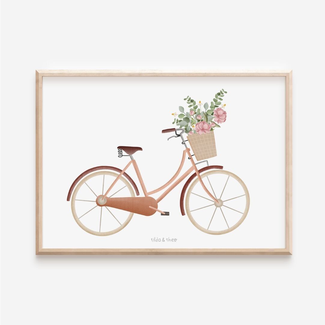Cartel de bicicleta con cesta de flores - impresión de arte vintage bicicleta ramo de flores - regalo de inauguración de la casa