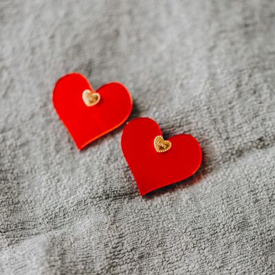 Boucles d'oreilles coeur LOVE en plexi miroir rouge