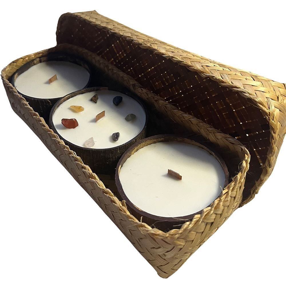 3 candele al cocco in scatola regalo di bambù