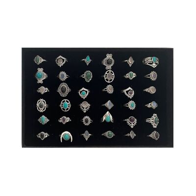 Scatola da 36 anelli placcati in argento regolabili assortiti con pietre preziose, include scatola espositiva